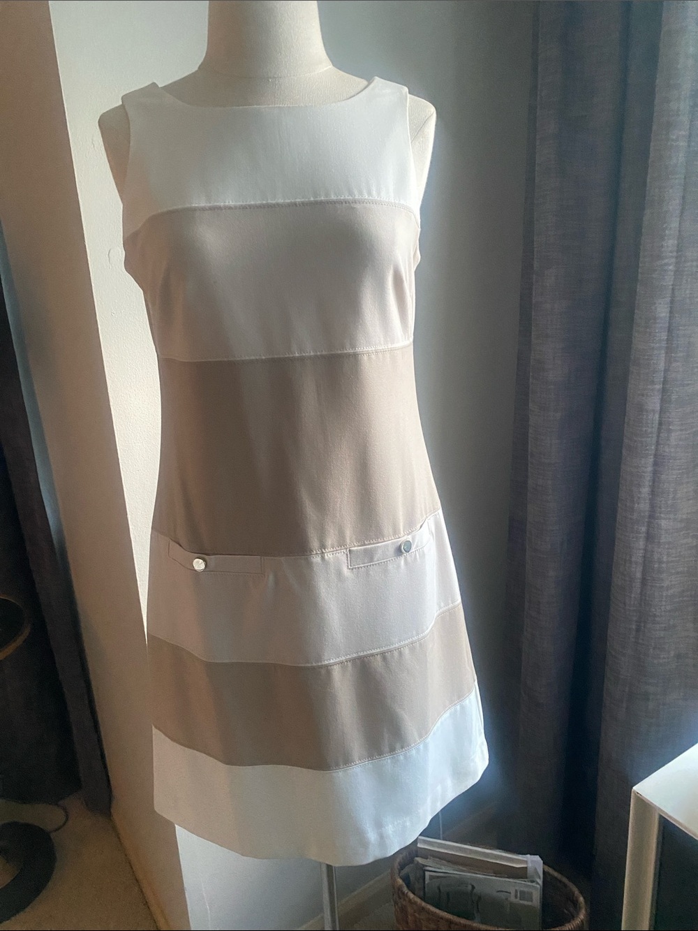 WHBM Sleeveless Striped Shift Dress in White and Tan